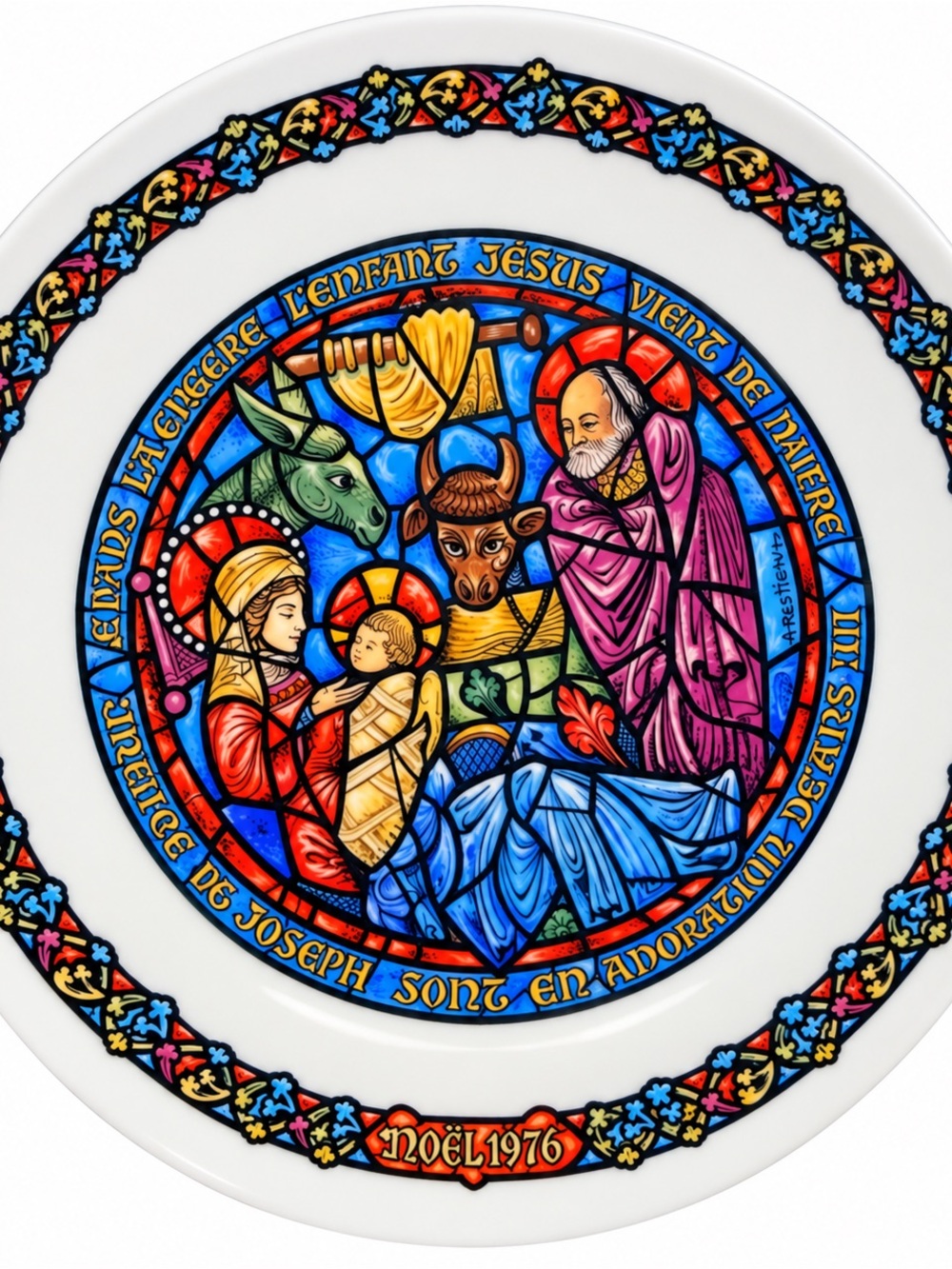 Vintage 1976 D’Arceau Limoges Noël Vitrail Dans La Crèche Christmas plate